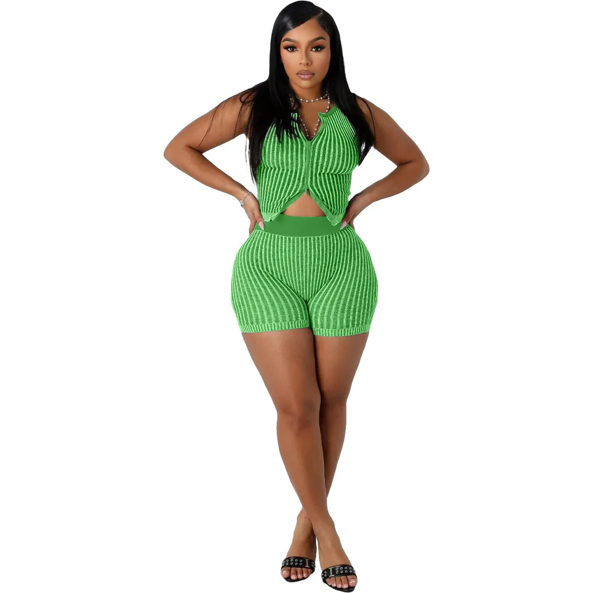 Women Fashion Sexy Stripe Knitted Sleeveless Tank Top Tight Shorts Two-Piece Set
