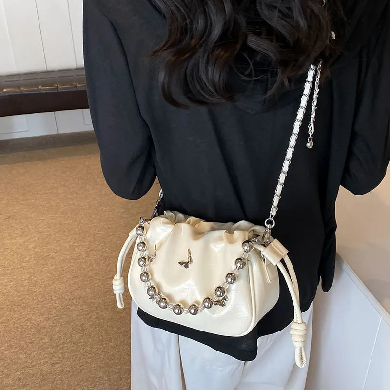 Women Fashion Elegant Solid Color Beaded Shoulder Bag