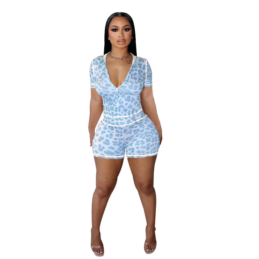 Women Fashion Sexy Leopard Short-Sleeve Zipper Hoodies Tight Shorts Two-Piece Set