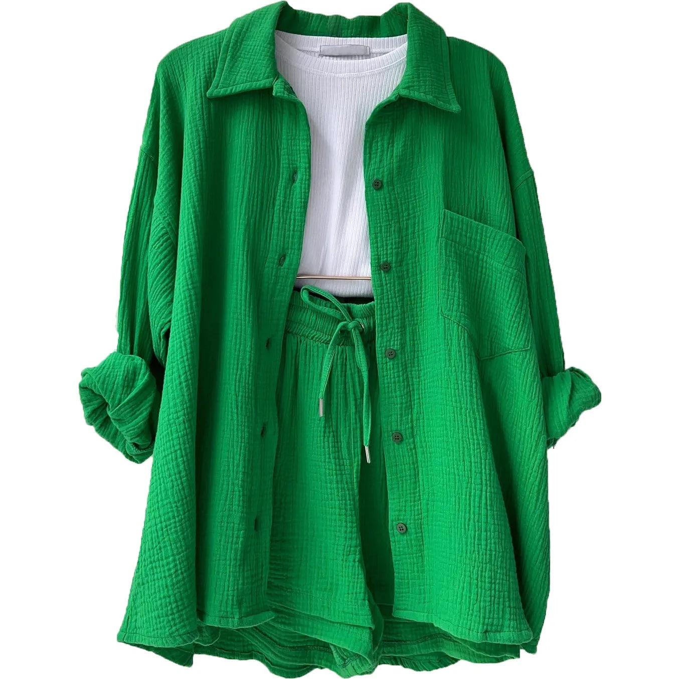 Women Casual Solid Color Pleated Lapel Long Sleeve Top And High Waist Shorts Casual Two-Piece Set