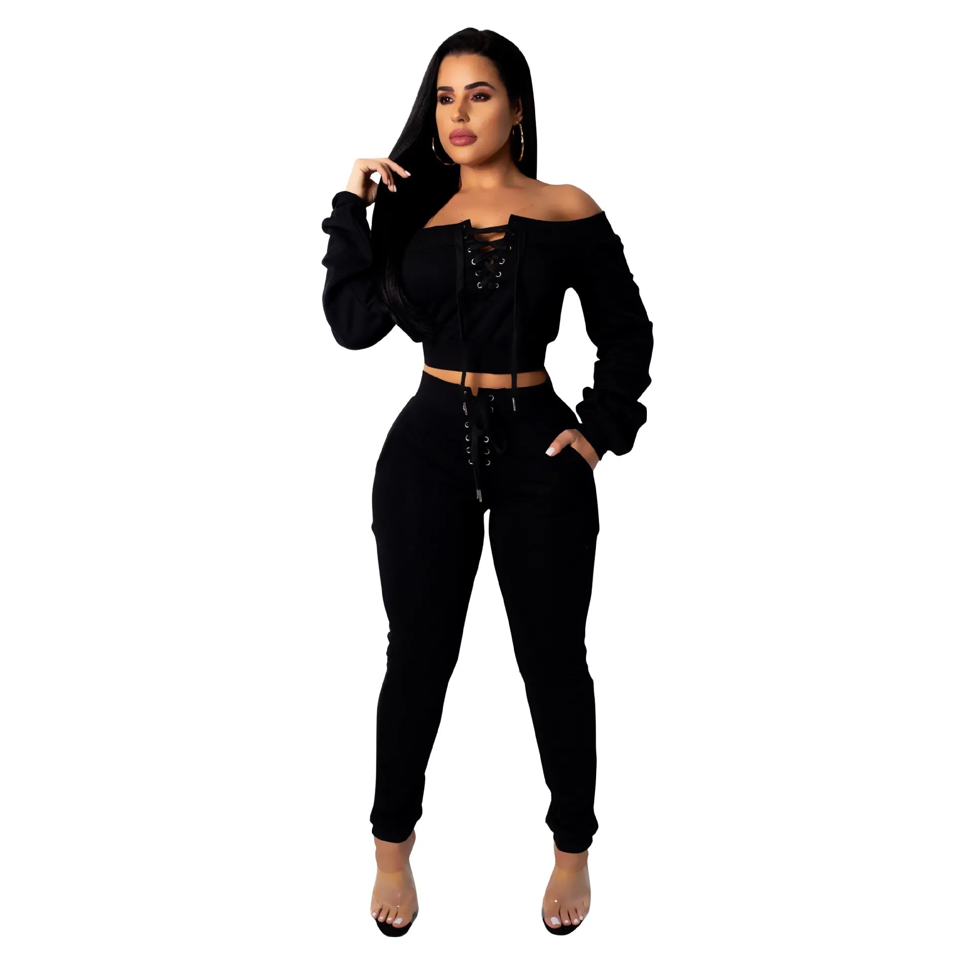 Women Solid Color Long Sleeve Off-shoulder Lace-up Crop Top And Casual Pants Fashion Casual Two Pieces Sets
