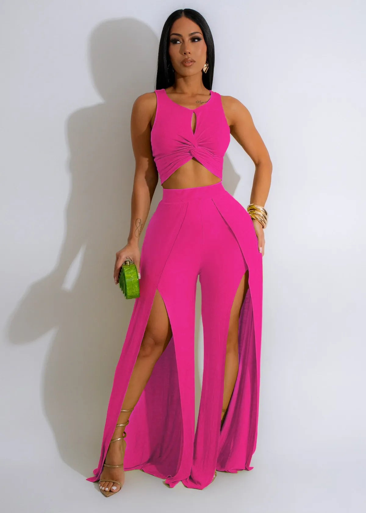 Women Fashion Casual Solid Color Sleeveless Crop Top Split Pants Two-Piece Set