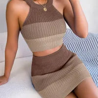 Women Fashion Sexy Gradient Sleeveless Crop Top Tight Skirt Two-Piece Set
