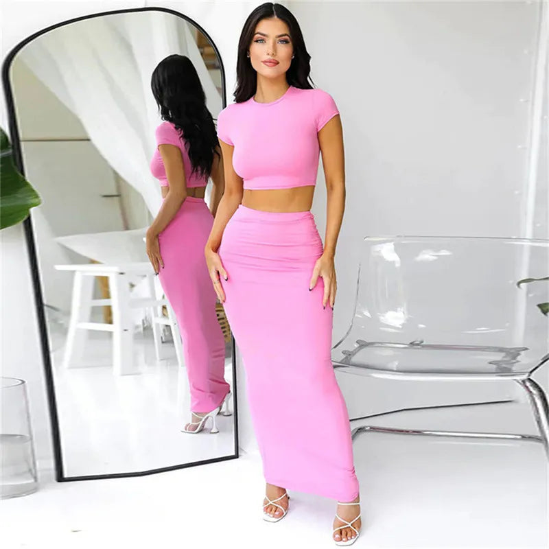 Women Fashion Solid Color Short Sleeve Top And Skirt Two-Piece Set