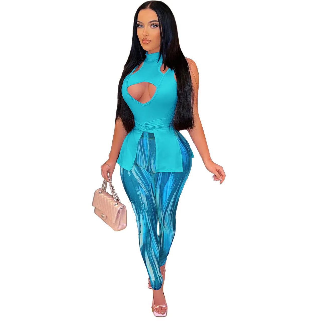 Summer Women Sexy Sleeveless Cut Out Irregular Hem Top And Tie Dye Skinny Pants Two Piece Set
