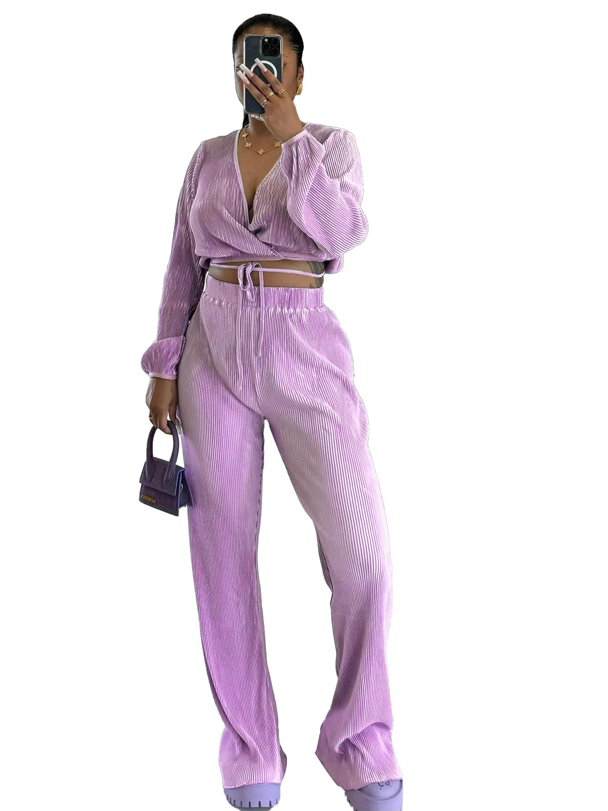 Women Fashion Sexy Deep V Strap Long Sleeve Top Pants Two-Piece Set
