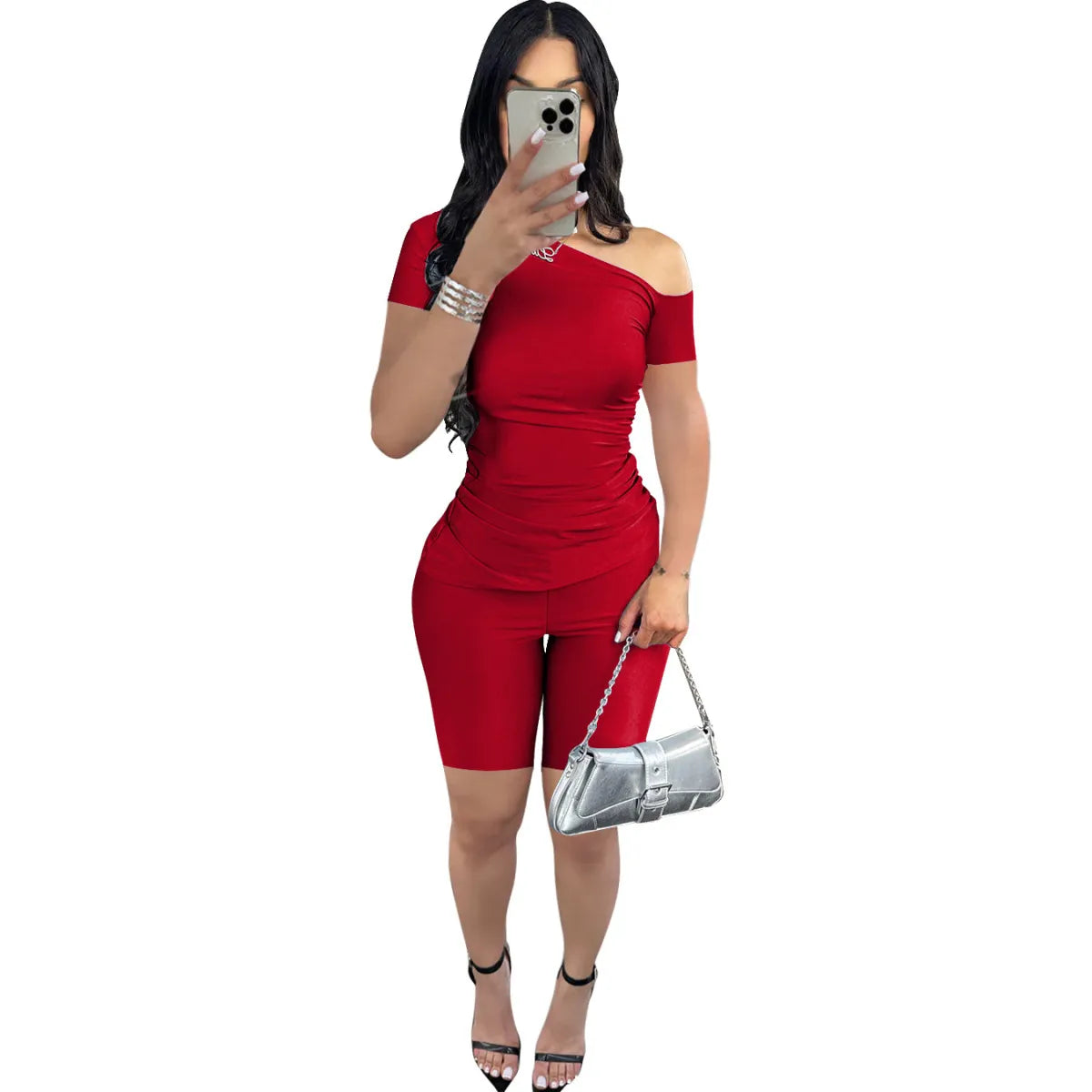 Women Fashion Solid Color Oblique Shoulder Short Sleeve Top Shorts Two-Piece Set