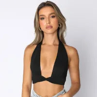 Women Sexy Neck Solid Color Backless V-Neck Cropped Top