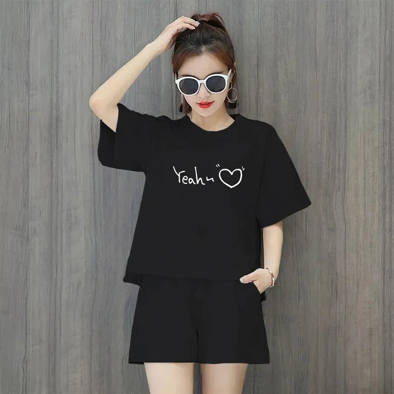 women fashion casual loose solid color printed round neck short sleeve t-shirt defined waist  shorts 2pcs set