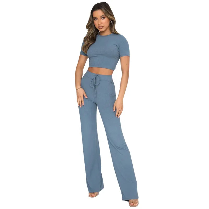 Women Fashion Casual Solid Color Stretchy Slim-Fit Short-Sleeved And Wide-Leg Pants Two-Piece Set