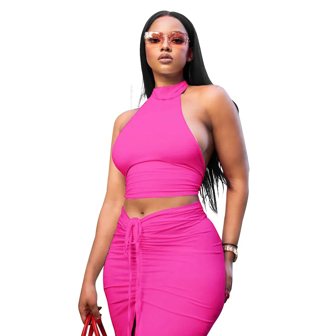 Women Sexy Solid Color Round Neck Backless Halter Top And Drawstring Skirt Set