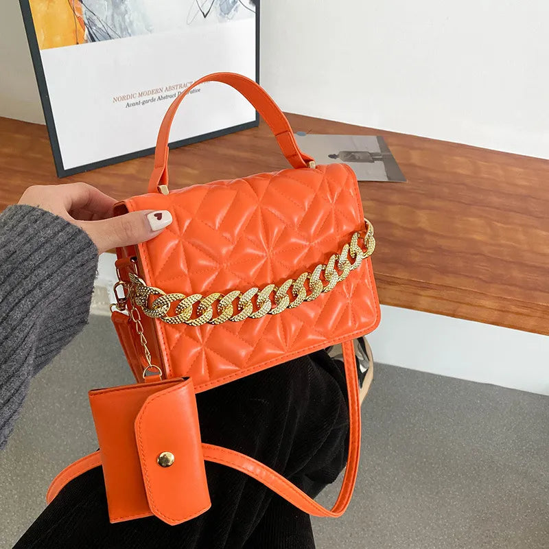 Women Basic Thick Chain Design Solid Color Plaid PU Shoulder Bag