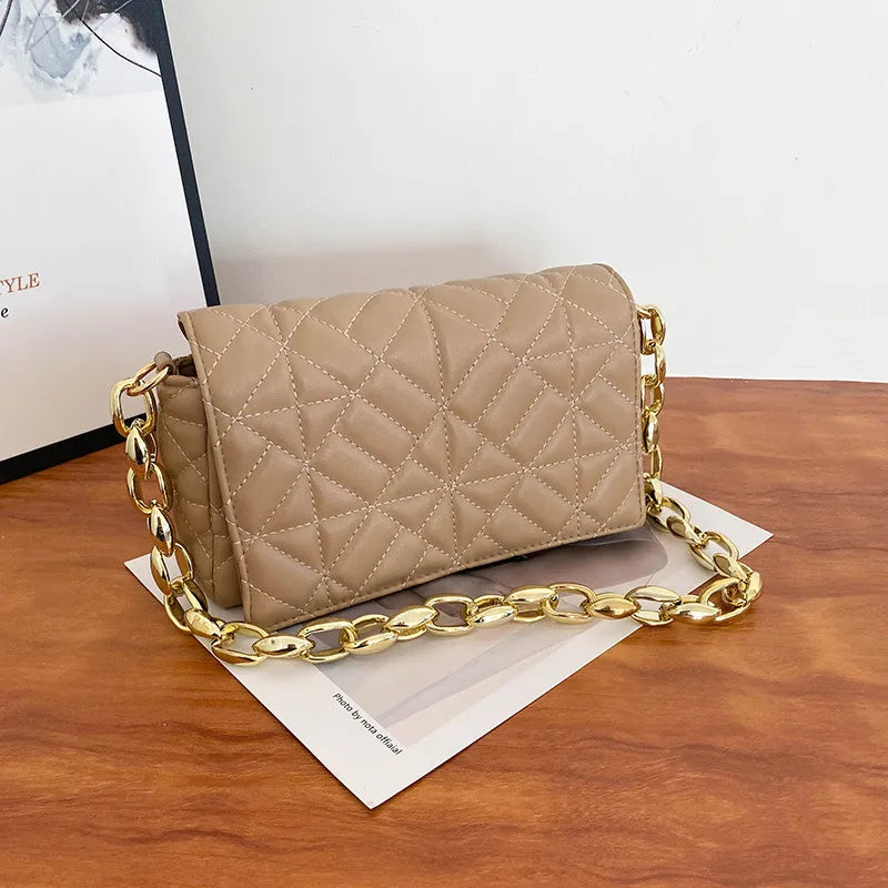 Women Fashion Chain Stitching Design Solid Color Plaid PU Shoulder Bag