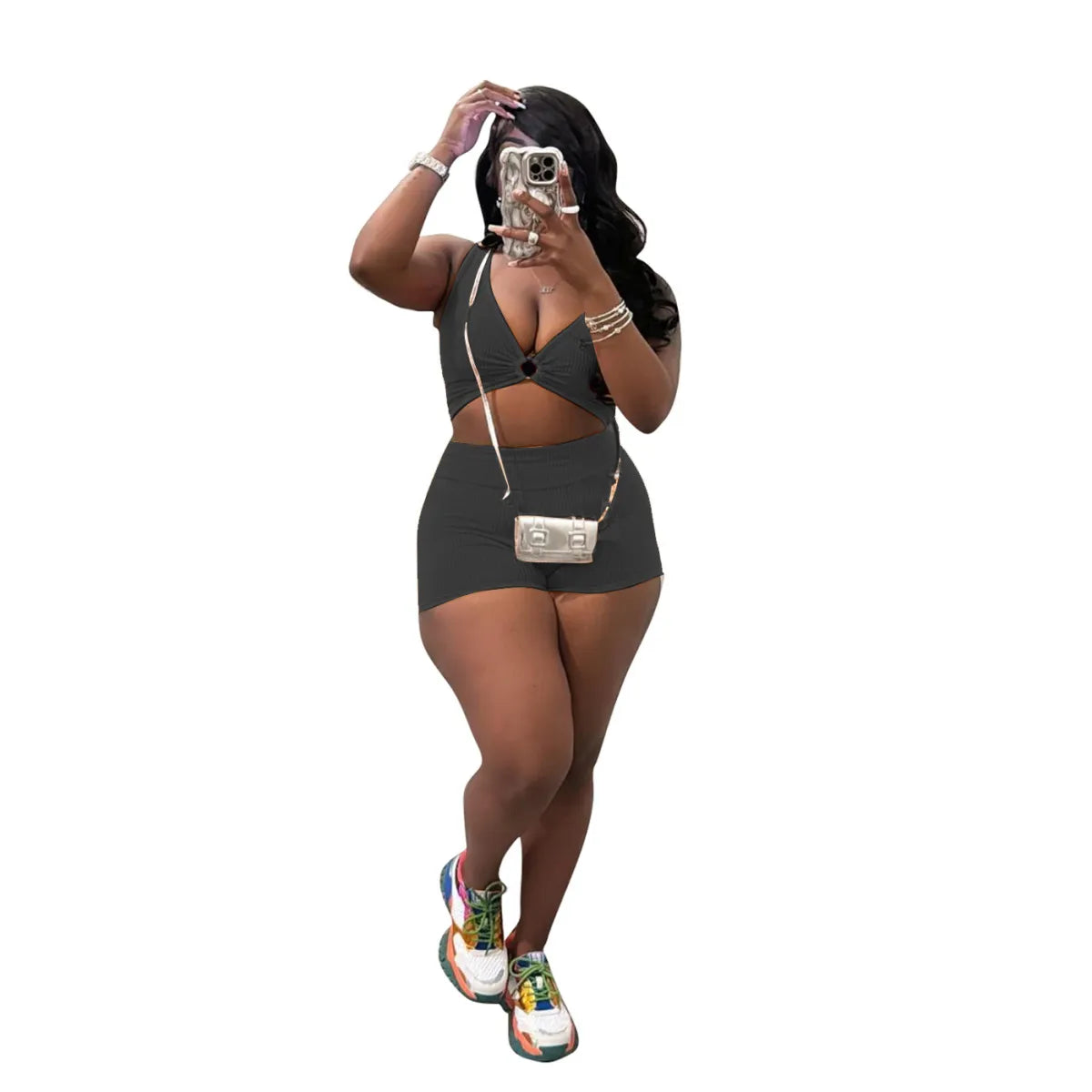 Women Fashion Solid Color V-Neck Camisole Shorts Two-Piece Set