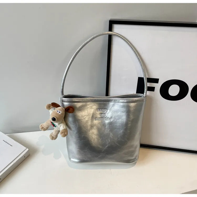 Women Fashion Casual Solid Color Pu Leather Bucket Shoulder Bag