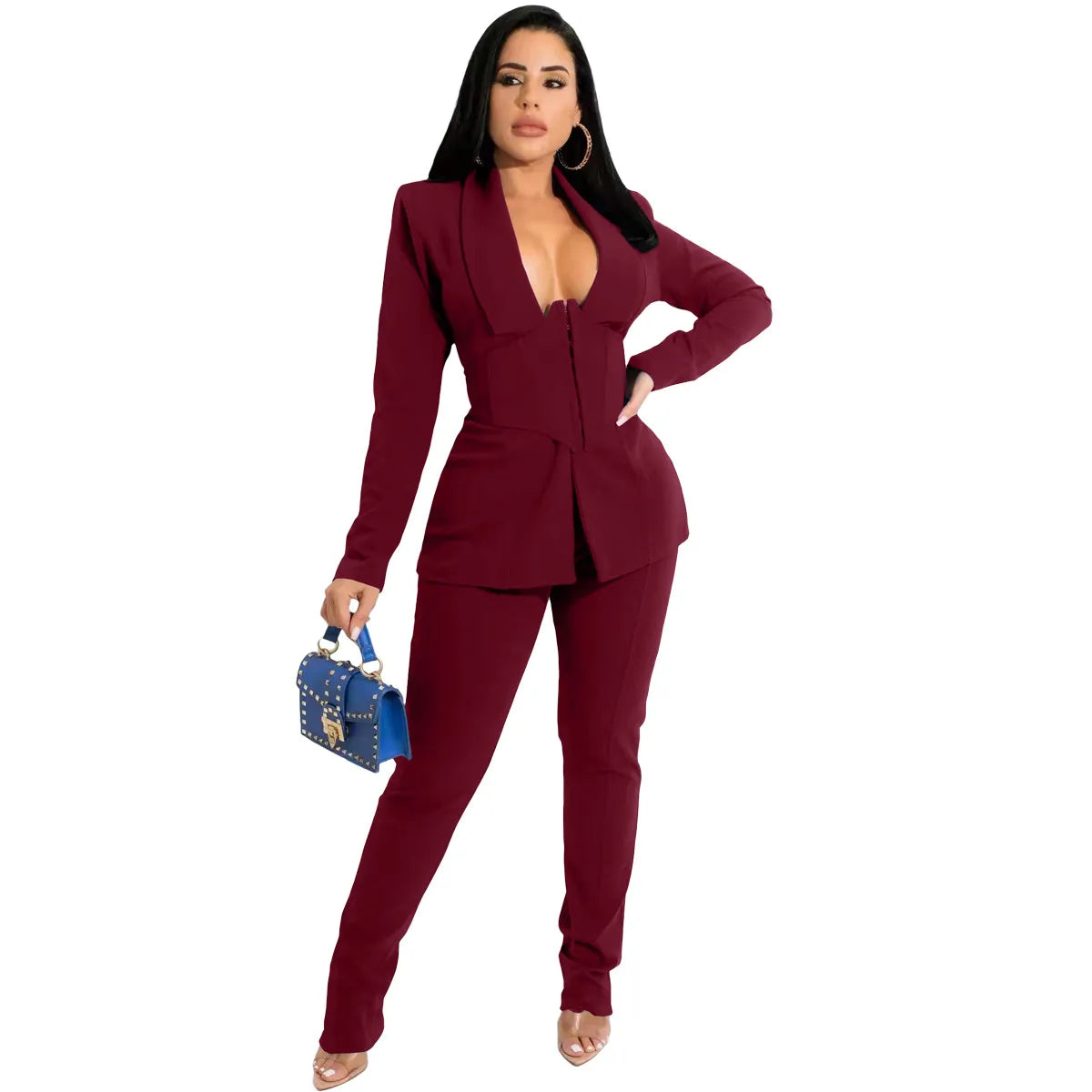 Women Solid Color Lapel Long Sleeve Top And Pants Two-Piece Set