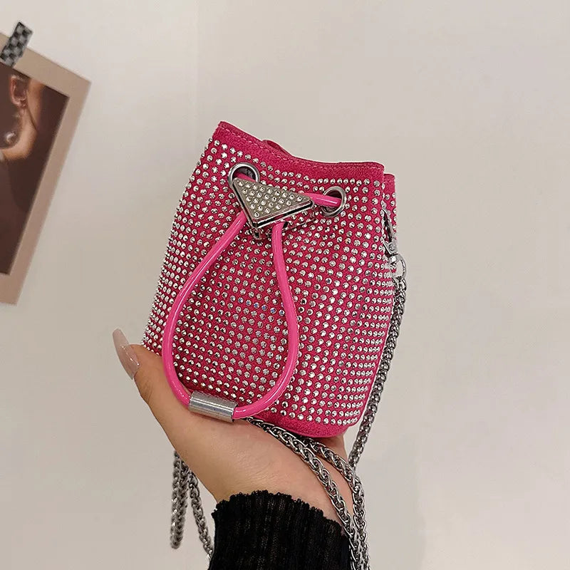 Children'S Fashion Rhinestone Drawstring Mini Bucket Bag