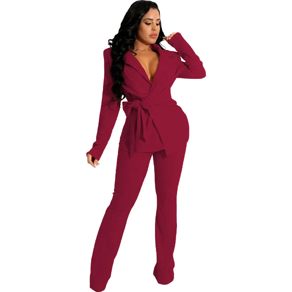 Women Solid Color Fashion V-Neck Lace-Up Long Sleeve Top Pants Two-Piece Set