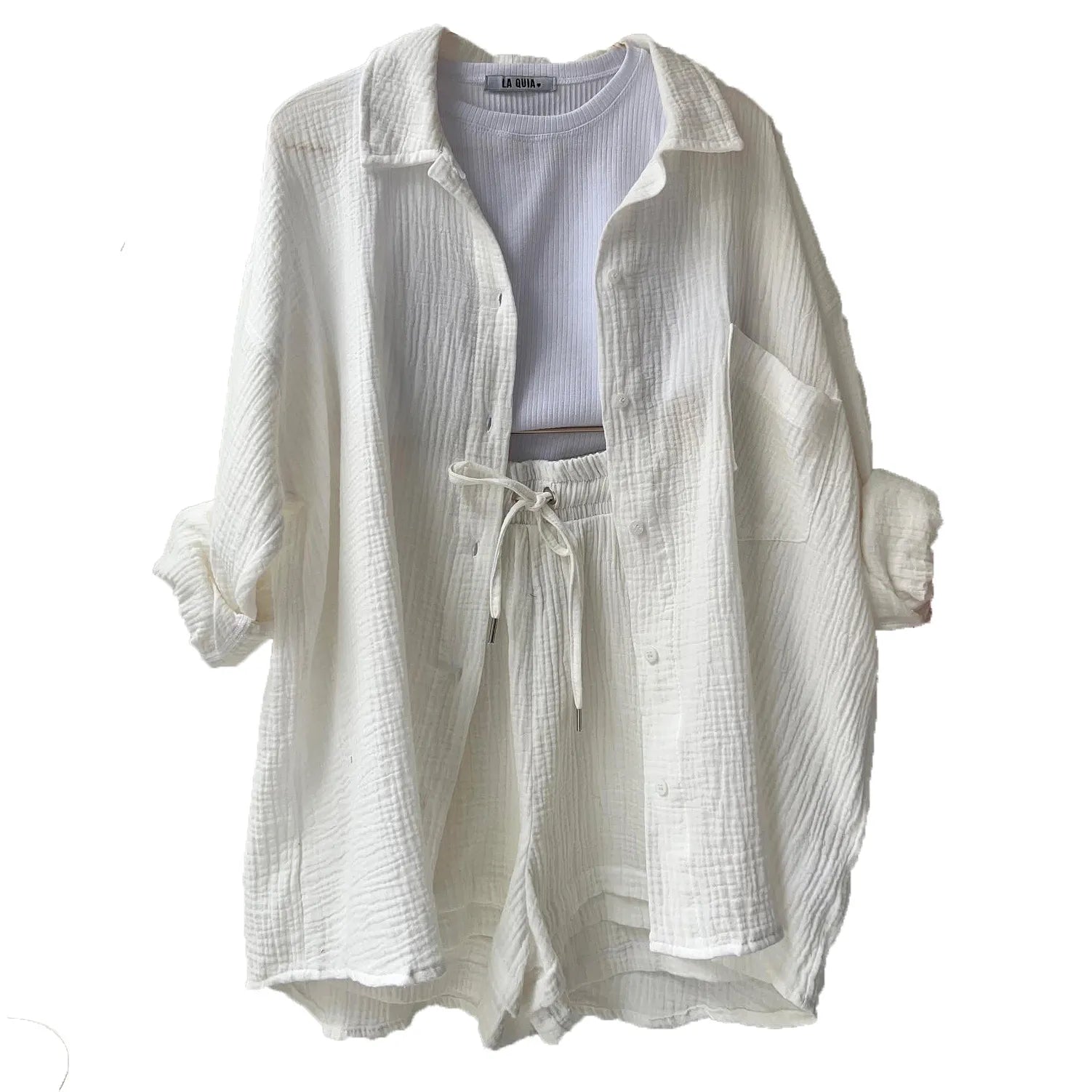 Women Casual Solid Color Pleated Lapel Long Sleeve Top And High Waist Shorts Casual Two-Piece Set