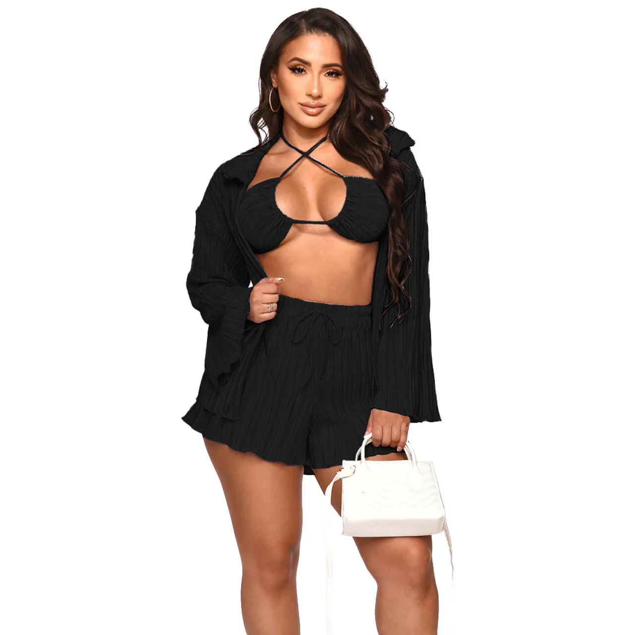 Women Fashion Sexy Creased Long Sleeve Blouse Bandage Camisand Shorts Three Pieces Vacation Set