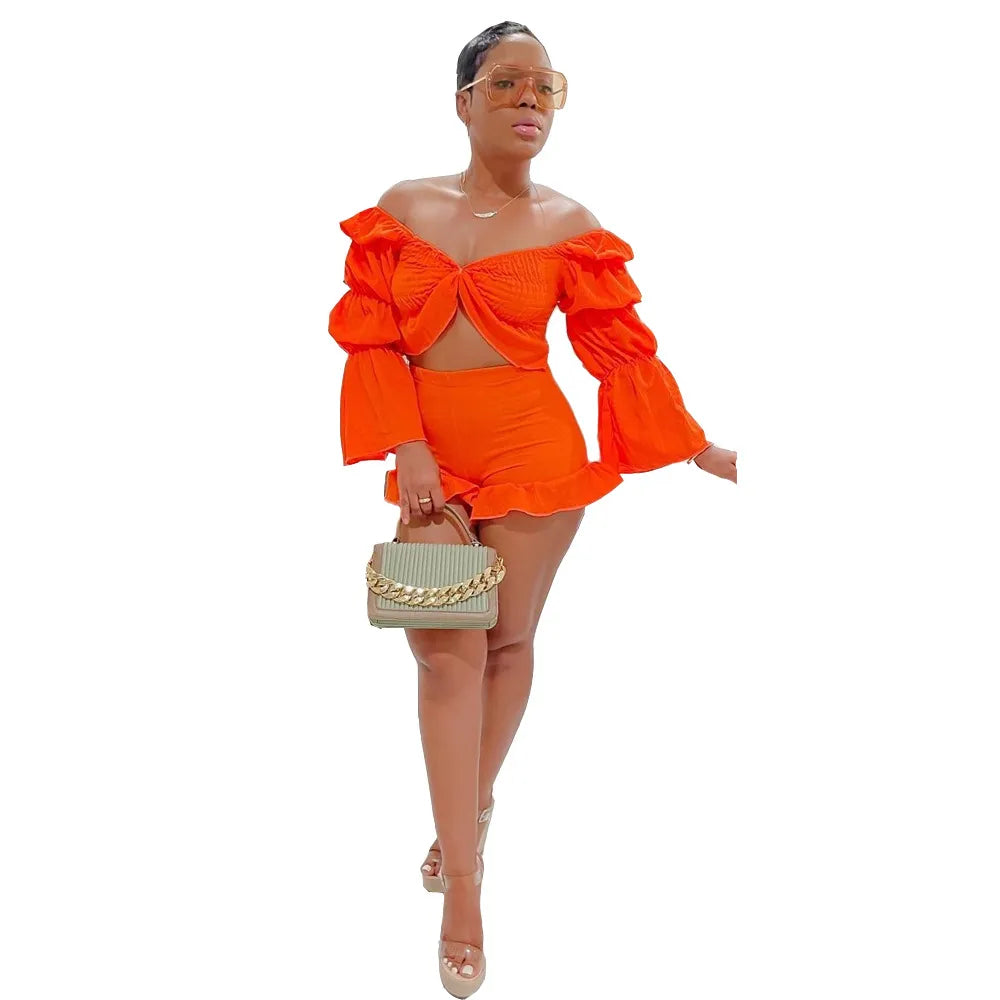 Women Sexy Puff Sleeve Creased Off-Shoulder Blouse Ruffled Shorts Set