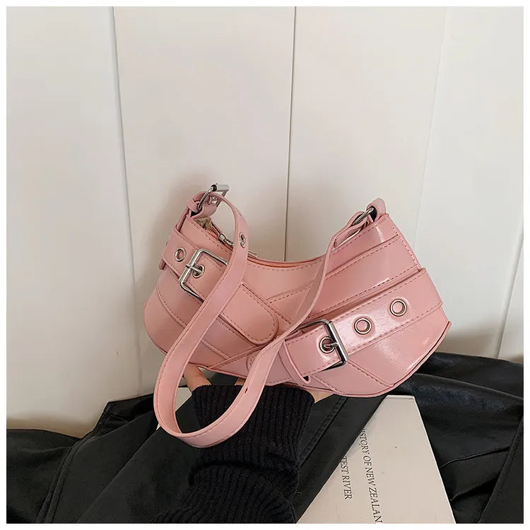 Women Fashion Casual Retro Solid Color Belt Baguette Shoulder Bag