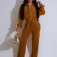 Women Fashion Solid Color Zipper Long Sleeve Top And Pants Two-Piece Set
