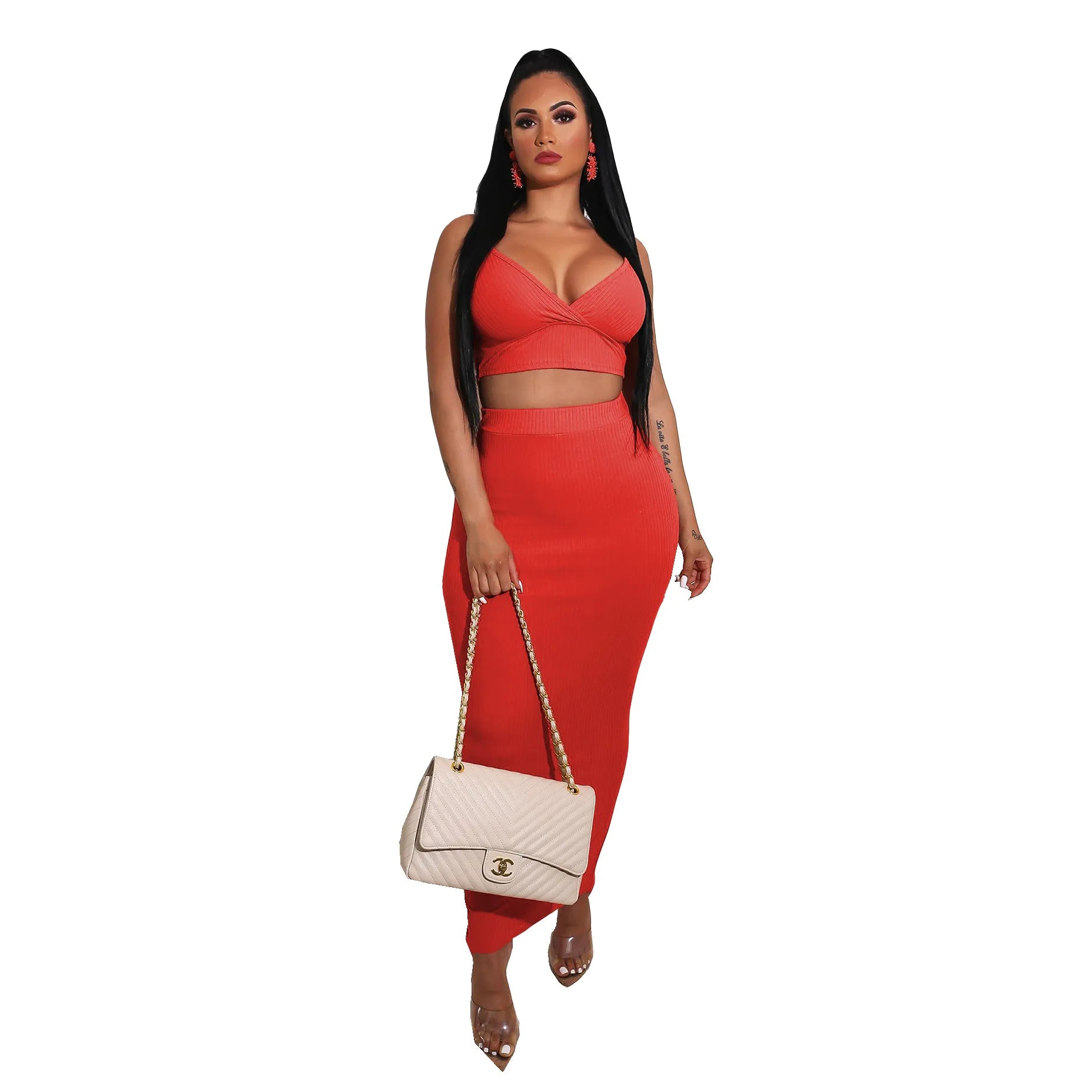 Women Sexy Sling Crop Top Skirt Two-Piece Rib-Knit Summer Set