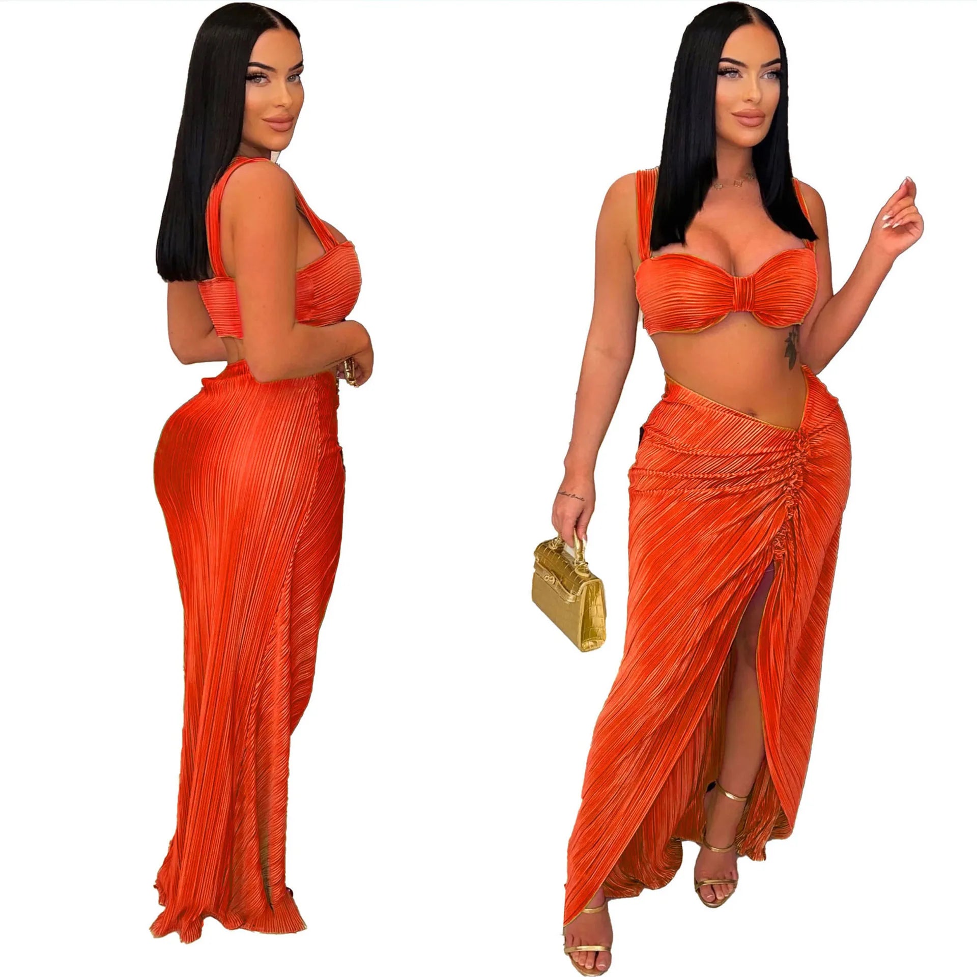 Women Fashion Sexy Solid Color Tank Crop Top Tight Front Split Skirts 2pcs-Set