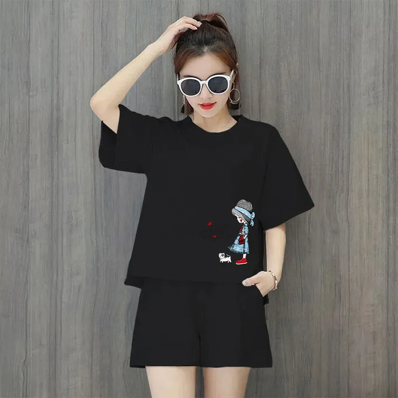 Women Fashion Casual Loose Solid Color Printed Round Neck Short Sleeve T-Shirt Defined Waist Shorts 2pcs Set