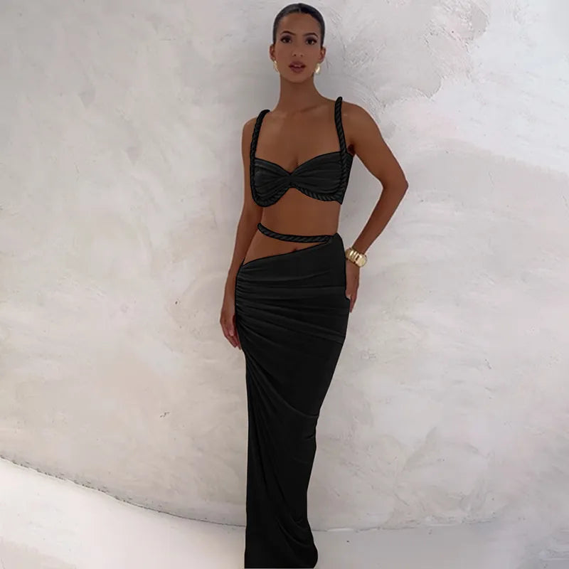 Women Fashion Sexy Solid Color Pleated Camisole Slim Fit Skirt Two-Piece Set