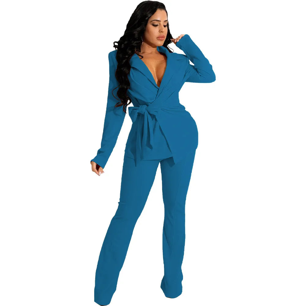 Women Solid Color Fashion V-Neck Lace-Up Long Sleeve Top Pants Two-Piece Set