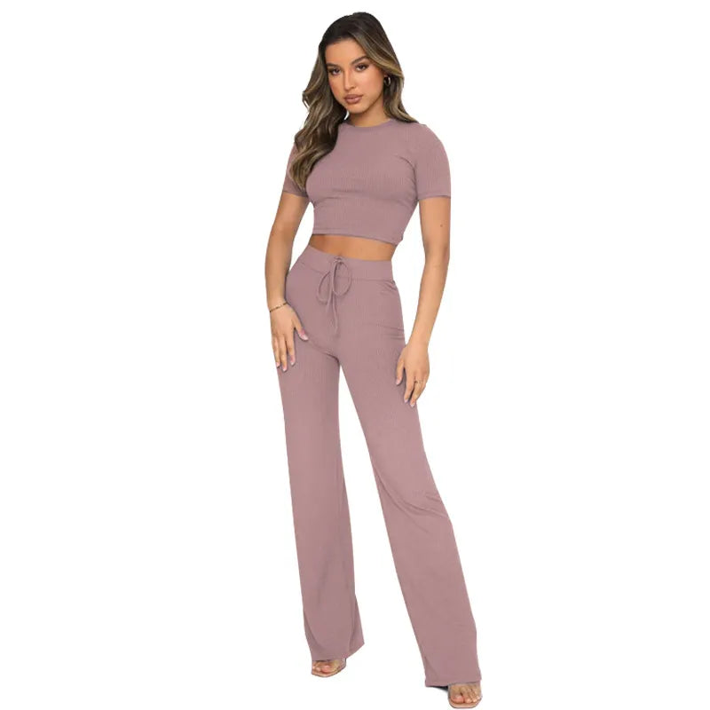 Women Fashion Casual Solid Color Stretchy Slim-Fit Short-Sleeved And Wide-Leg Pants Two-Piece Set