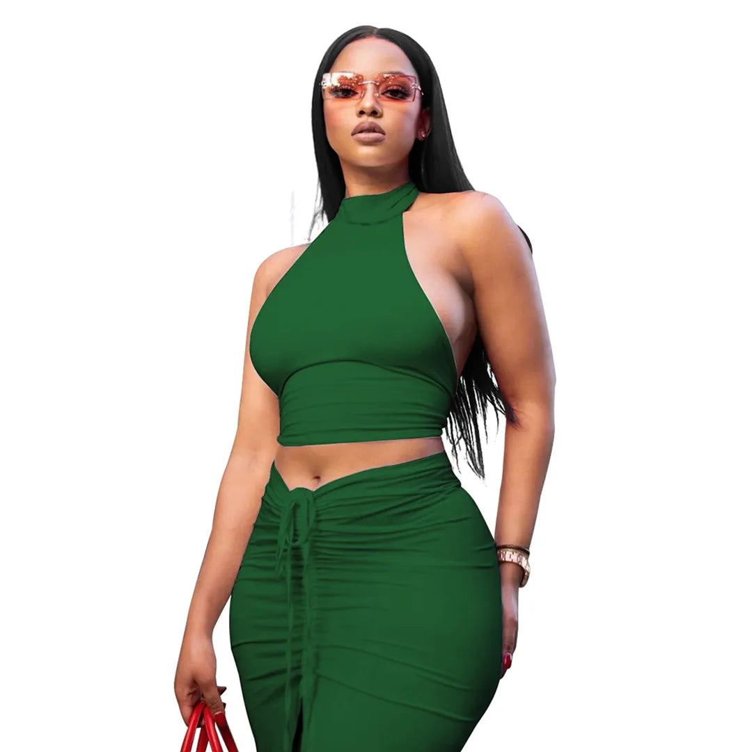 Women Sexy Solid Color Round Neck Backless Halter Top And Drawstring Skirt Set