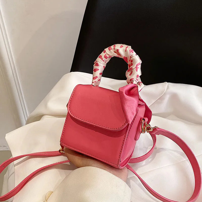 Women Fashion Flap Buckle Design Silk Scarf Decoration Solid Color Pu Crossbody Mini Bag