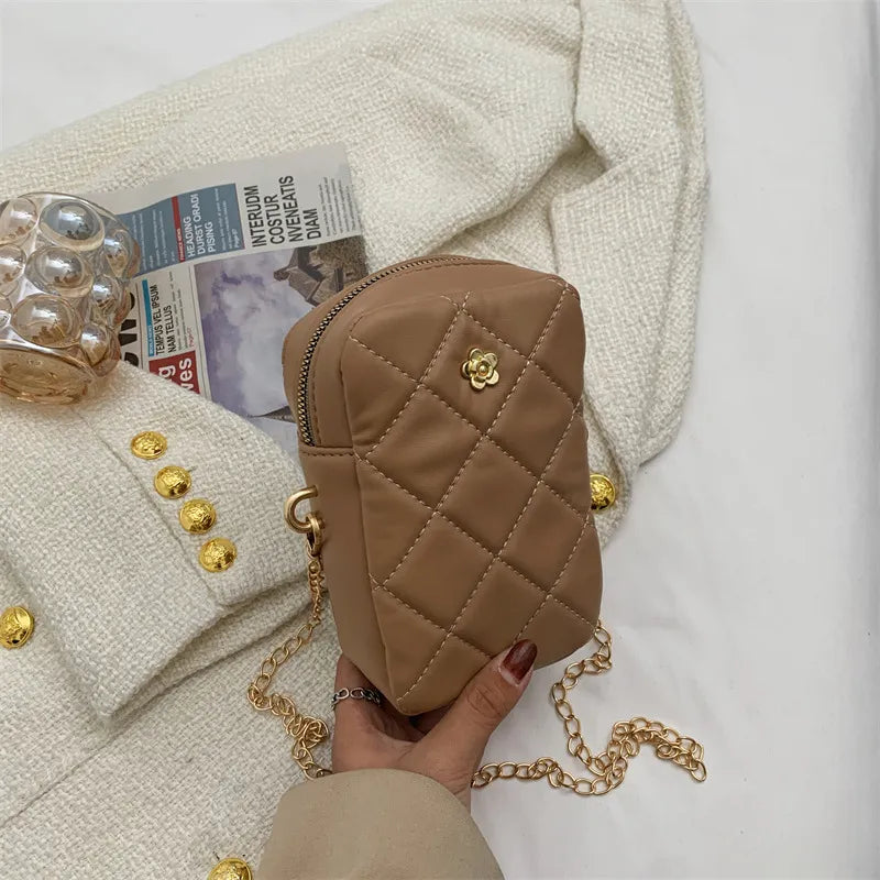 Women Mini Basic Flower Decoration Zipper Design Rhombus Stitching Solid Color PU Crossbody Bag