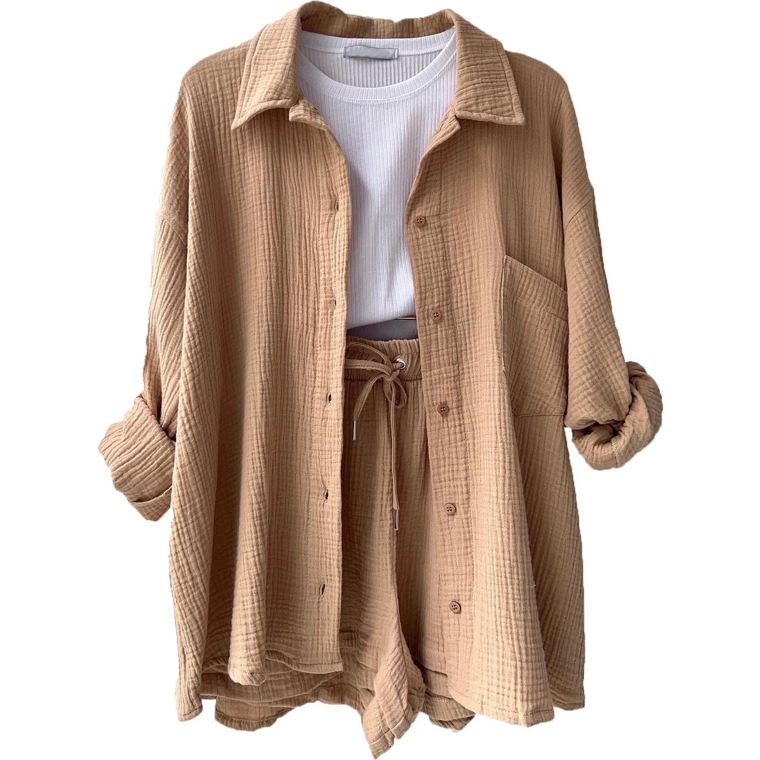 Women Casual Solid Color Pleated Lapel Long Sleeve Top And High Waist Shorts Casual Two-Piece Set