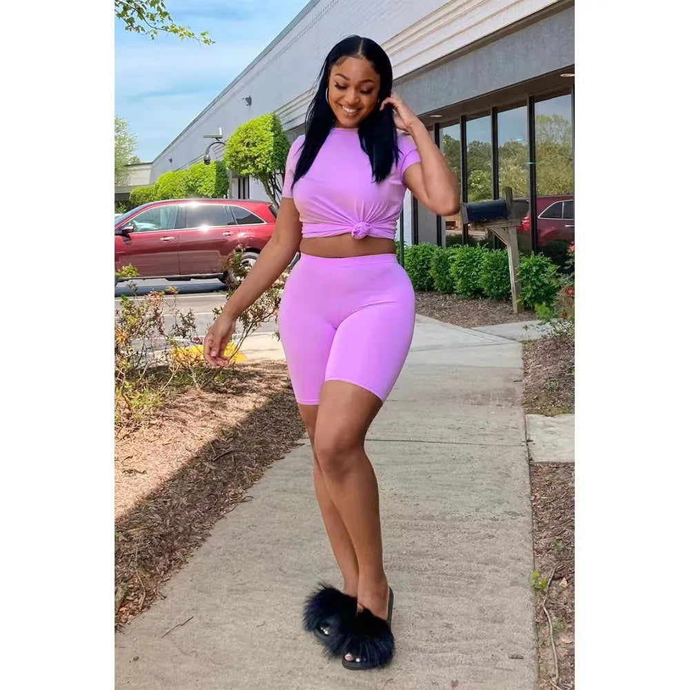 Women Short Sleeve Solid T-Shirt And Tight Shorts Sports Set