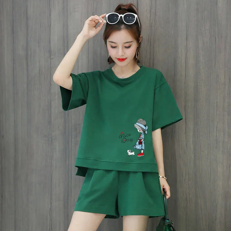 Women Fashion Casual Loose Solid Color Printed Round Neck Short Sleeve T-Shirt Defined Waist Shorts 2pcs Set
