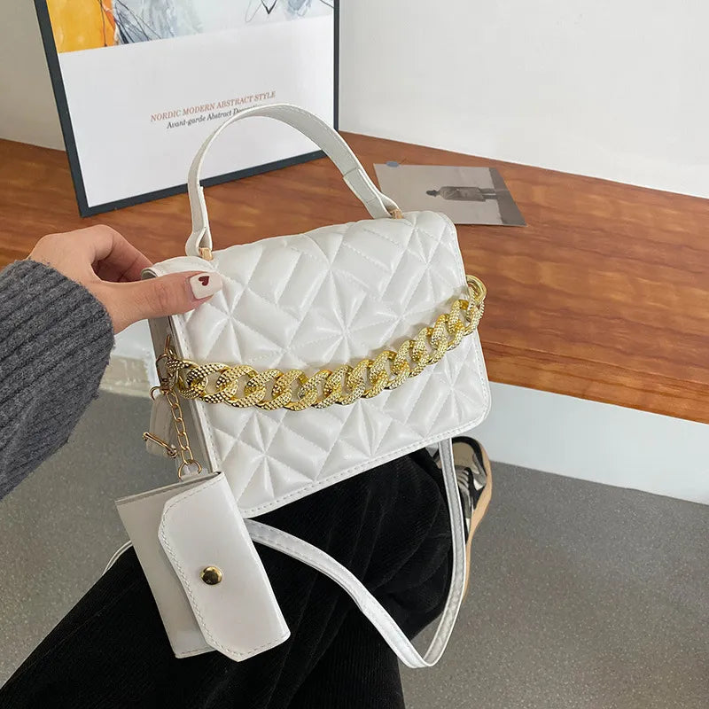 Women Basic Thick Chain Design Solid Color Plaid PU Shoulder Bag