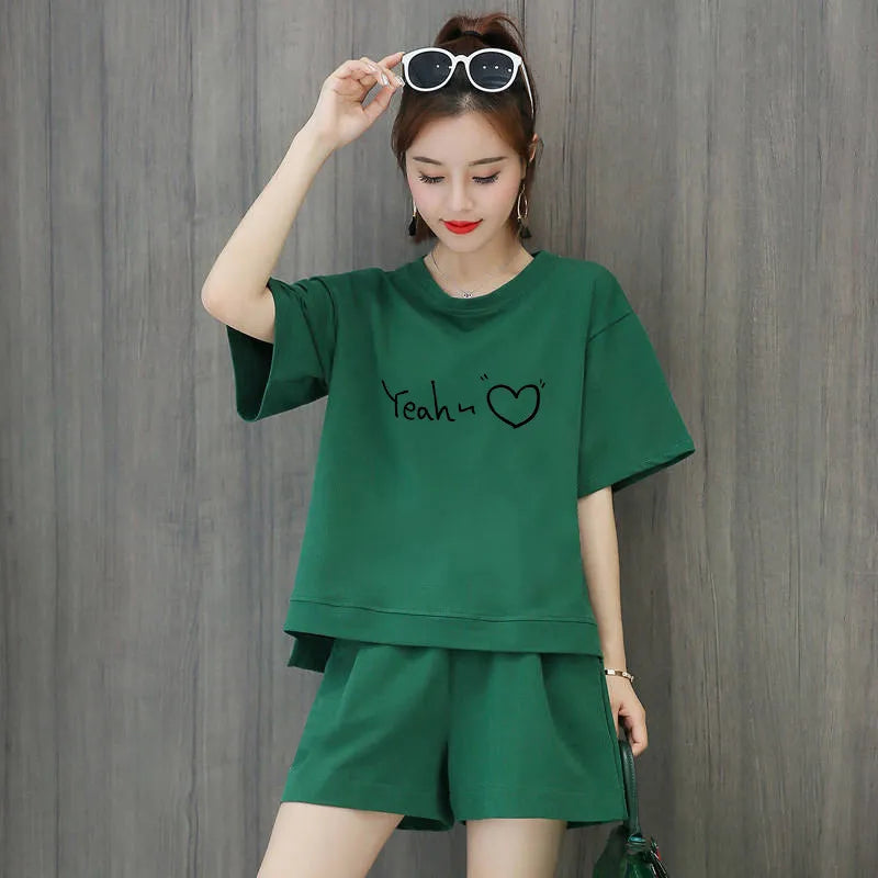 women fashion casual loose solid color printed round neck short sleeve t-shirt defined waist  shorts 2pcs set