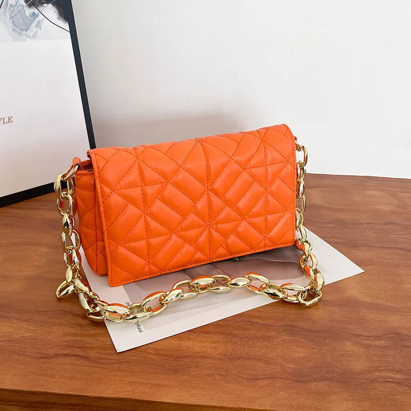 Women Fashion Chain Stitching Design Solid Color Plaid PU Shoulder Bag