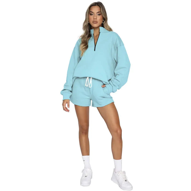 Women Casual Solid Color Stand Collar Half Zipper Long Sleeve Hoodie And Shorts Set
