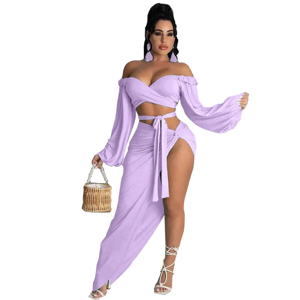 Women Solid Color Off-Shoulder Long-Sleeved Fashion Crop Top Side Slit Skirt