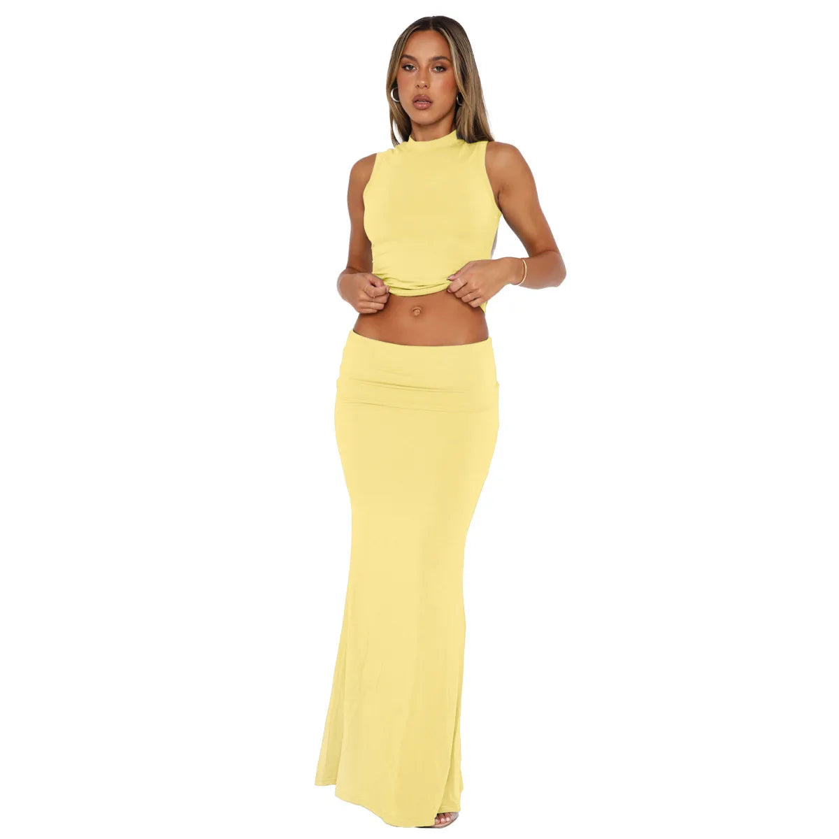 Women Solid Color Round Neck Sleeveless Crop Top Skirt Two-Piece Set