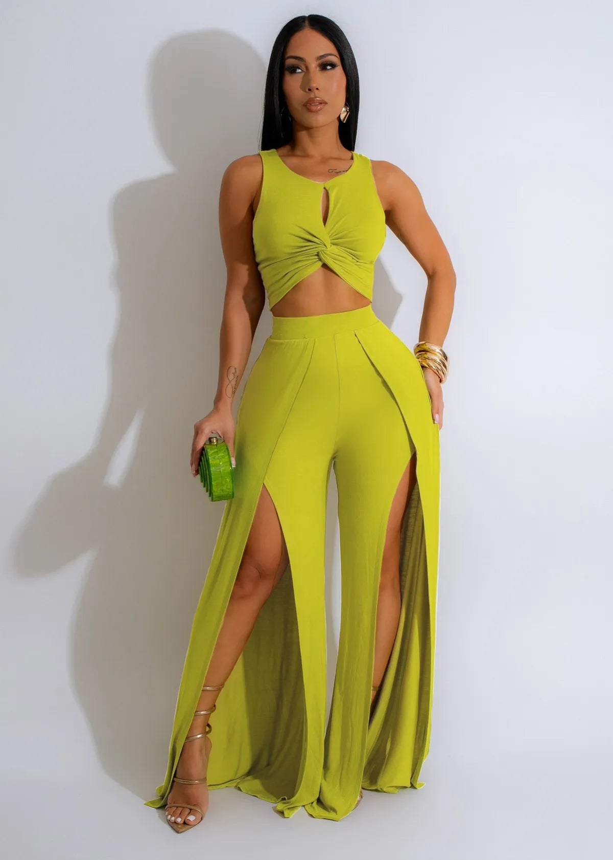 Women Fashion Casual Solid Color Sleeveless Crop Top Split Pants Two-Piece Set