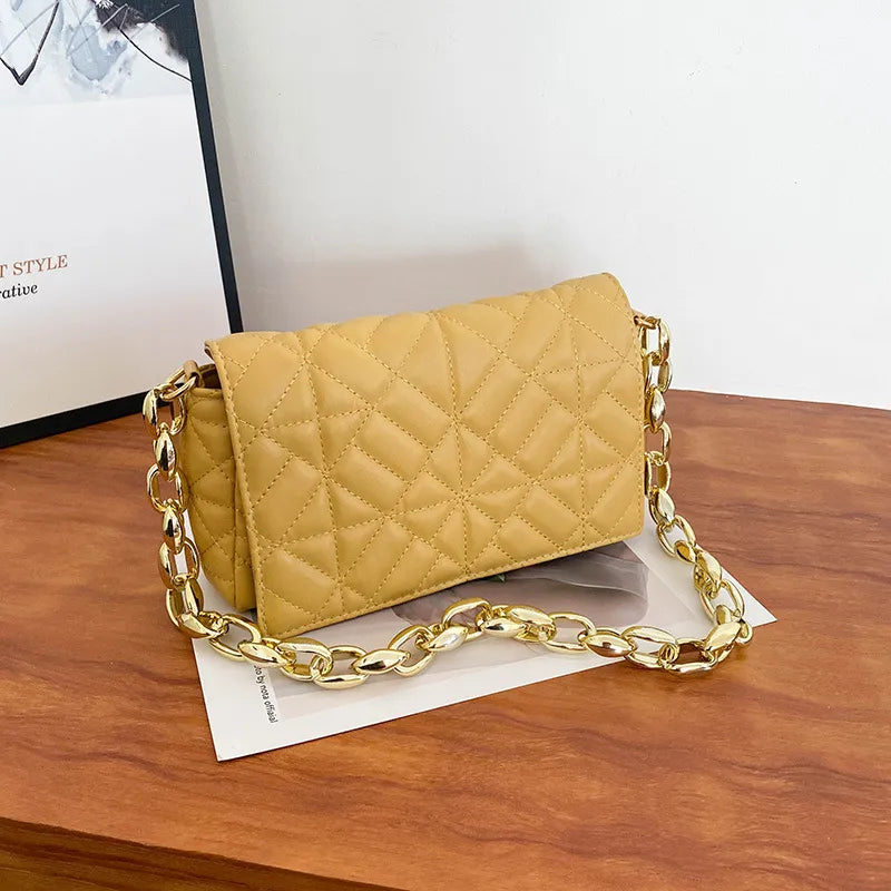 Women Fashion Chain Stitching Design Solid Color Plaid PU Shoulder Bag