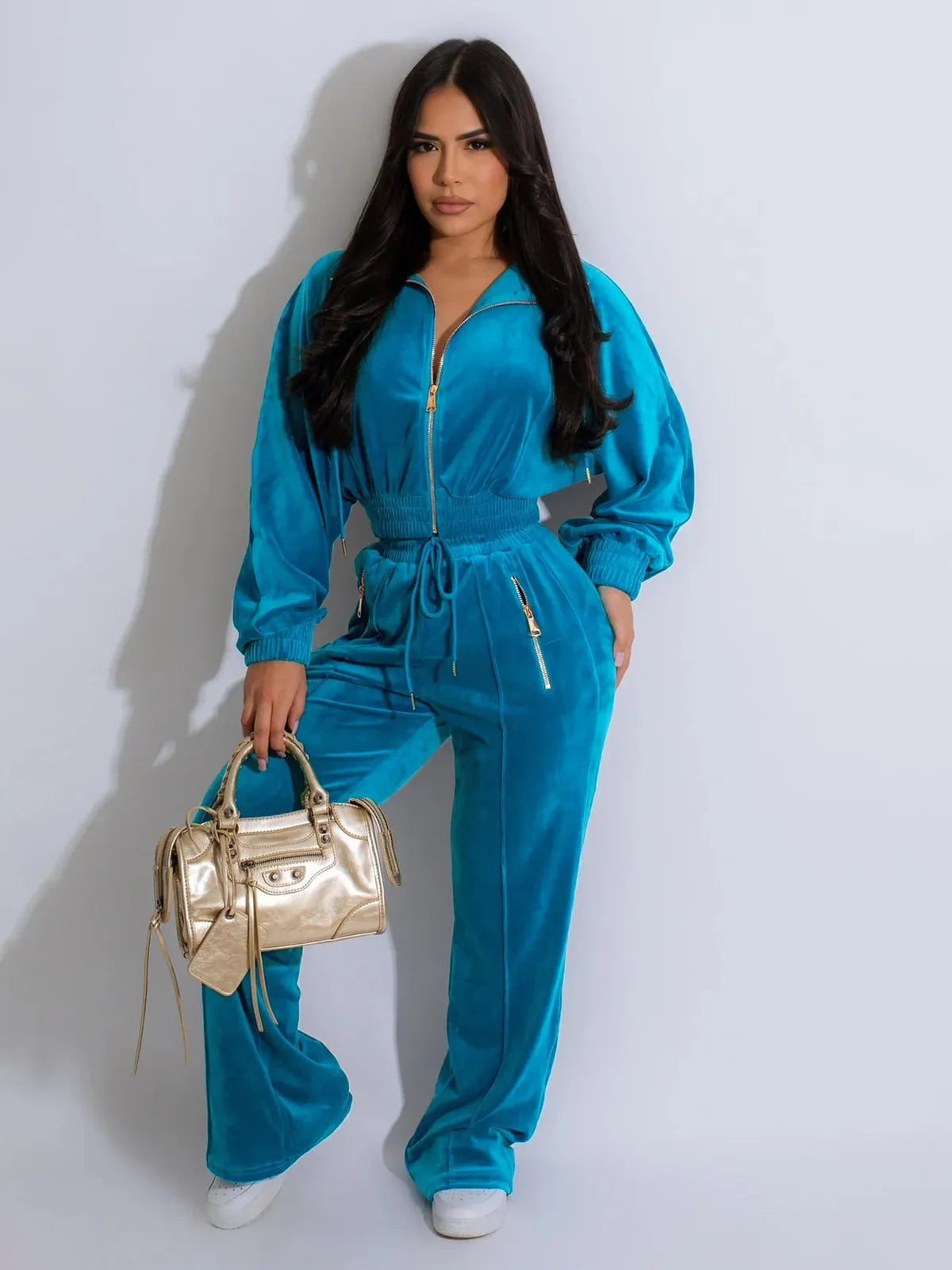 Women Fashion Solid Color Zipper Long Sleeve Top And Pants Two-Piece Set