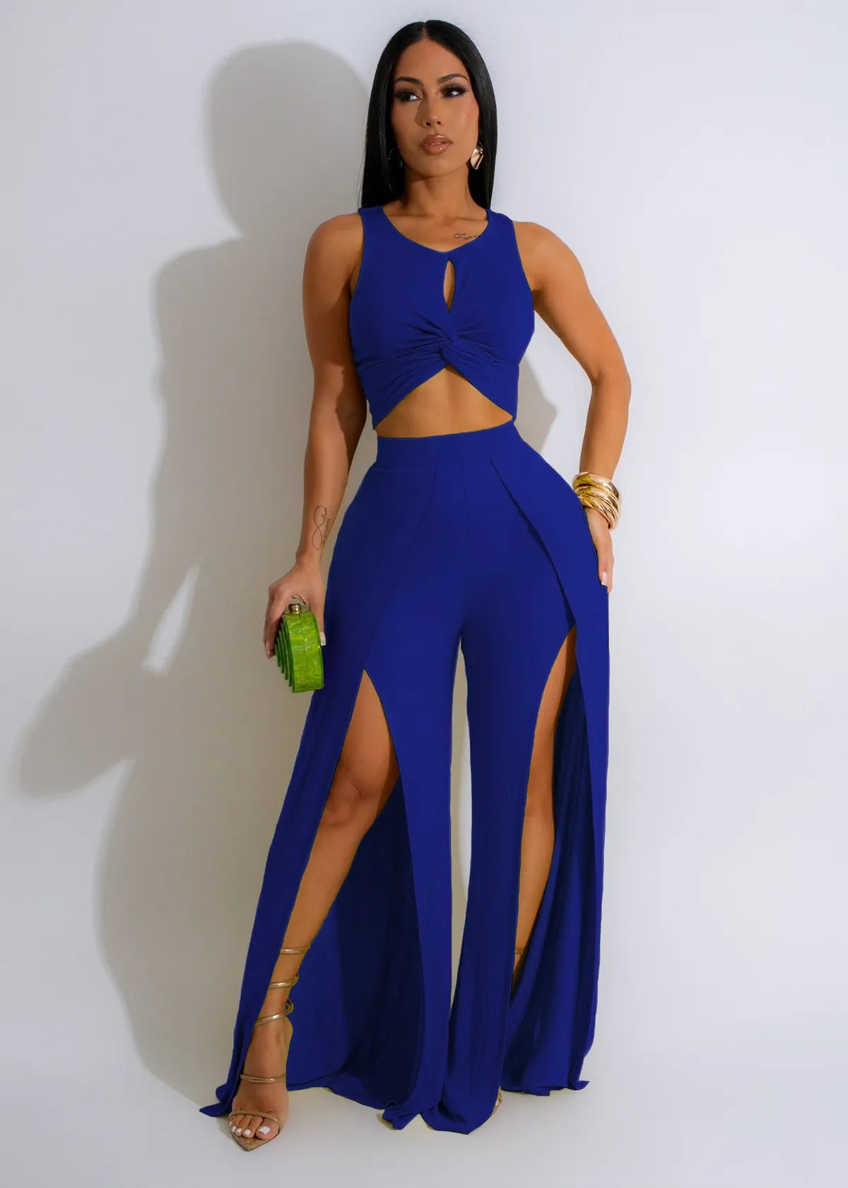 Women Fashion Casual Solid Color Sleeveless Crop Top Split Pants Two-Piece Set