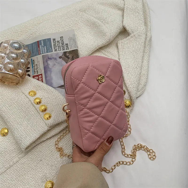 Women Mini Basic Flower Decoration Zipper Design Rhombus Stitching Solid Color PU Crossbody Bag